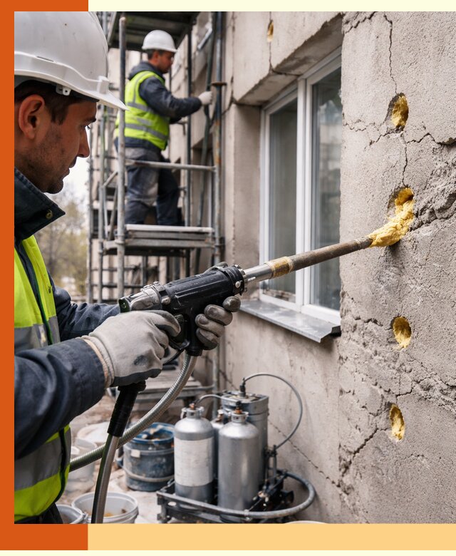 Заполнение пустот в фасаде и утепление стен в Донецке